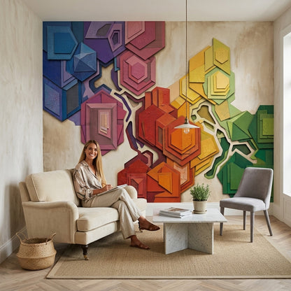 Abstract Geometric Wallpaper Layered Hexagons Removable Rainbow Gradient Blocks Wall Decor