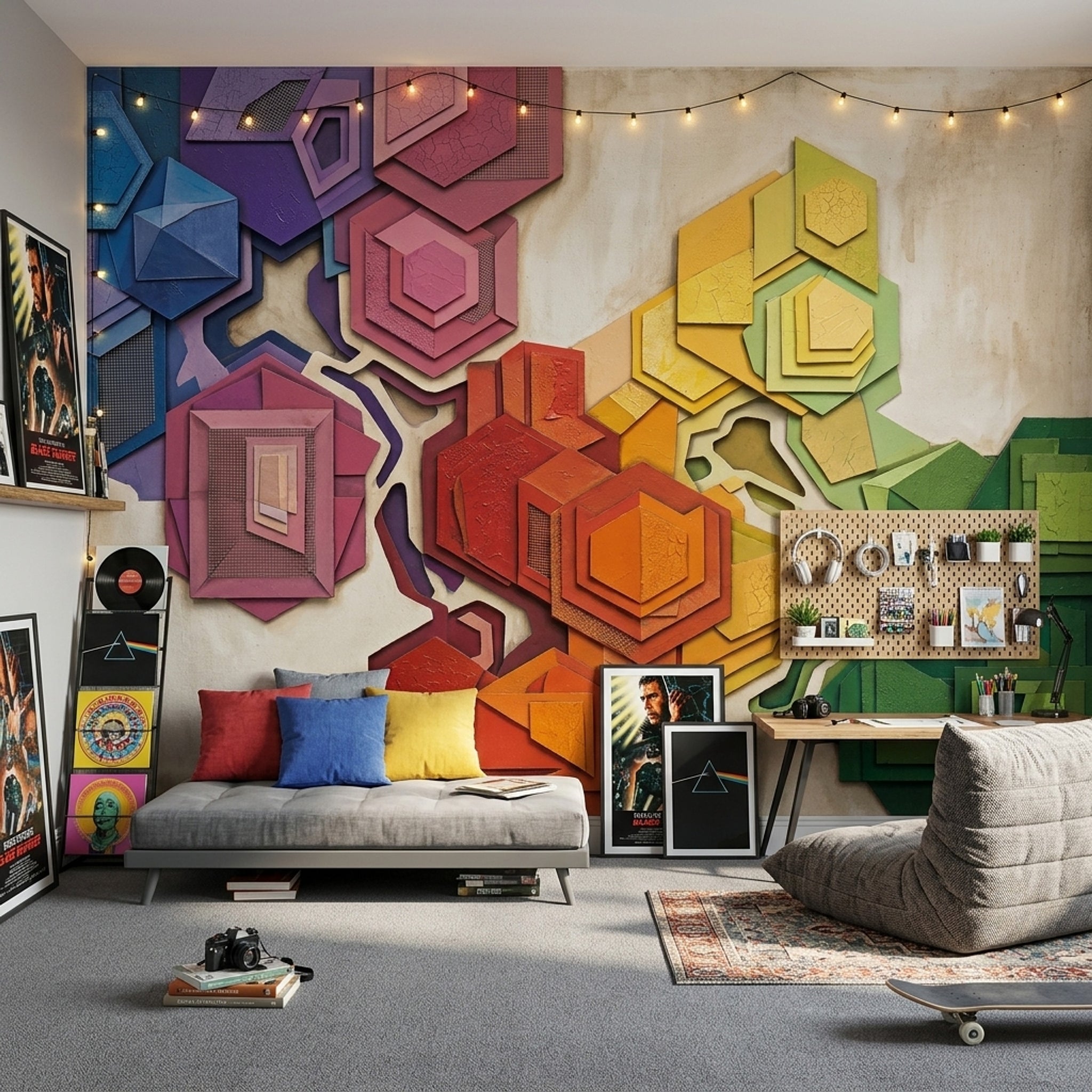 Abstract Geometric Wallpaper Layered Hexagons Removable Rainbow Gradient Blocks Wall Decor