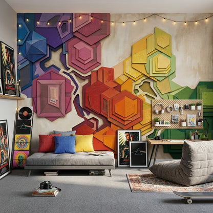 Abstract Geometric Wallpaper Layered Hexagons Removable Rainbow Gradient Blocks Wall Decor