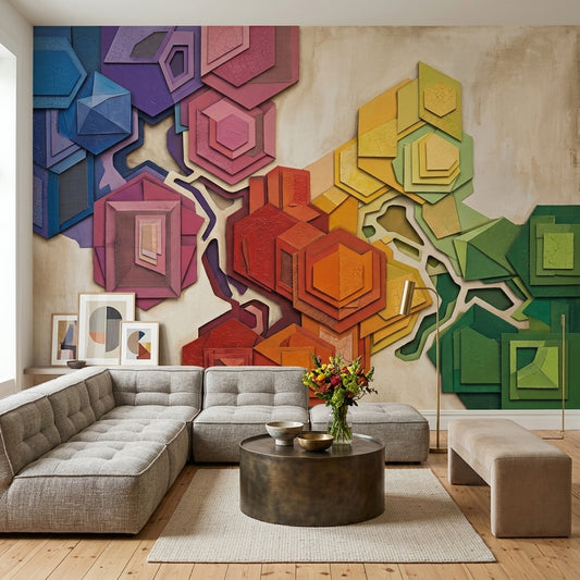 Abstract Geometric Wallpaper Layered Hexagons Removable Rainbow Gradient Blocks Wall Decor