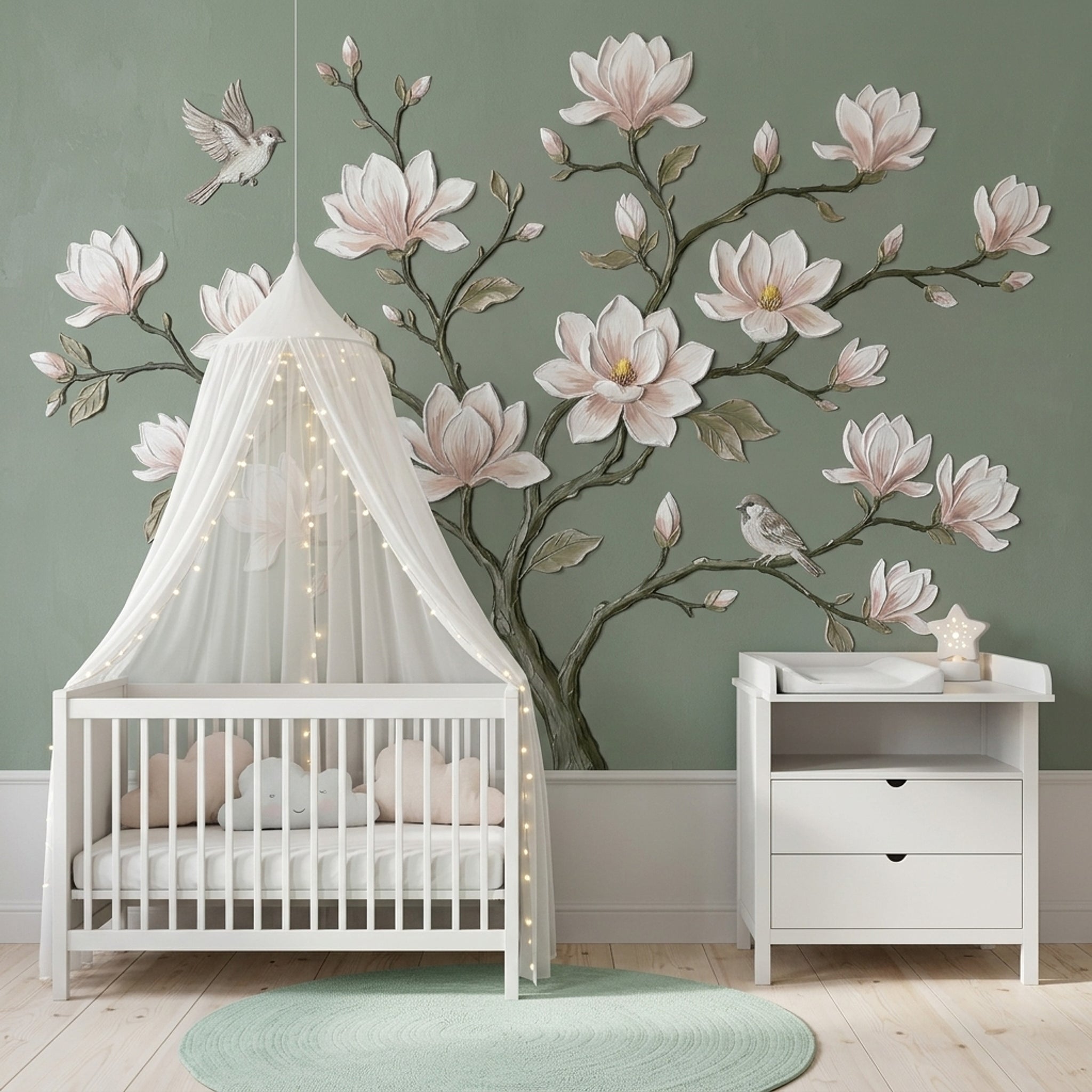 Magnolia Blossoms Wallpaper Botanical Branch Sage Green Background Removable Wall Decor