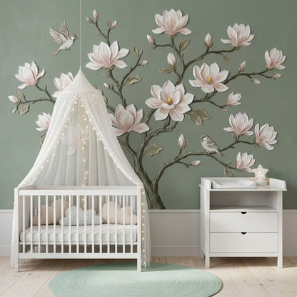 Magnolia Blossoms Wallpaper Botanical Branch Sage Green Background Removable Wall Decor