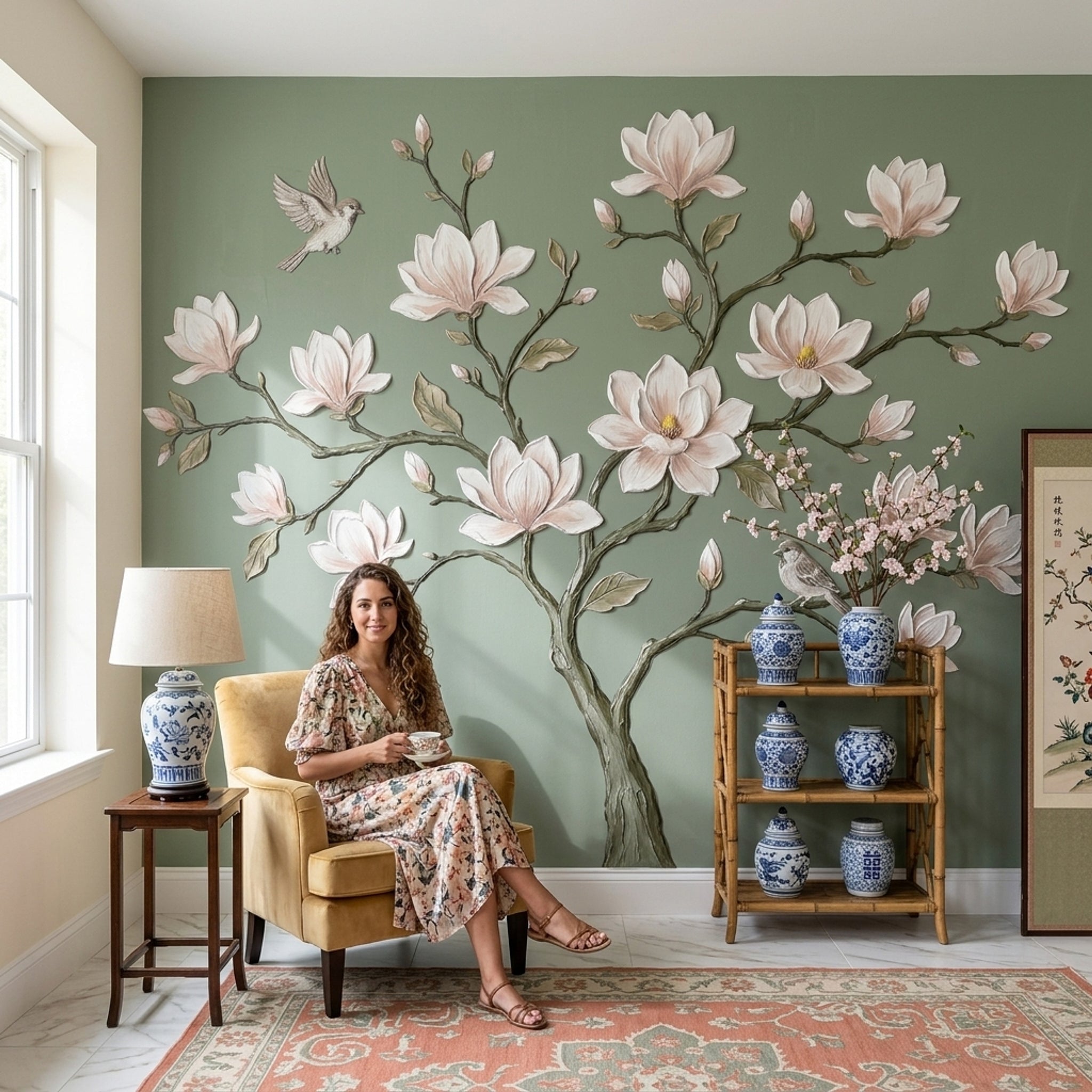 Magnolia Blossoms Wallpaper Botanical Branch Sage Green Background Removable Wall Decor