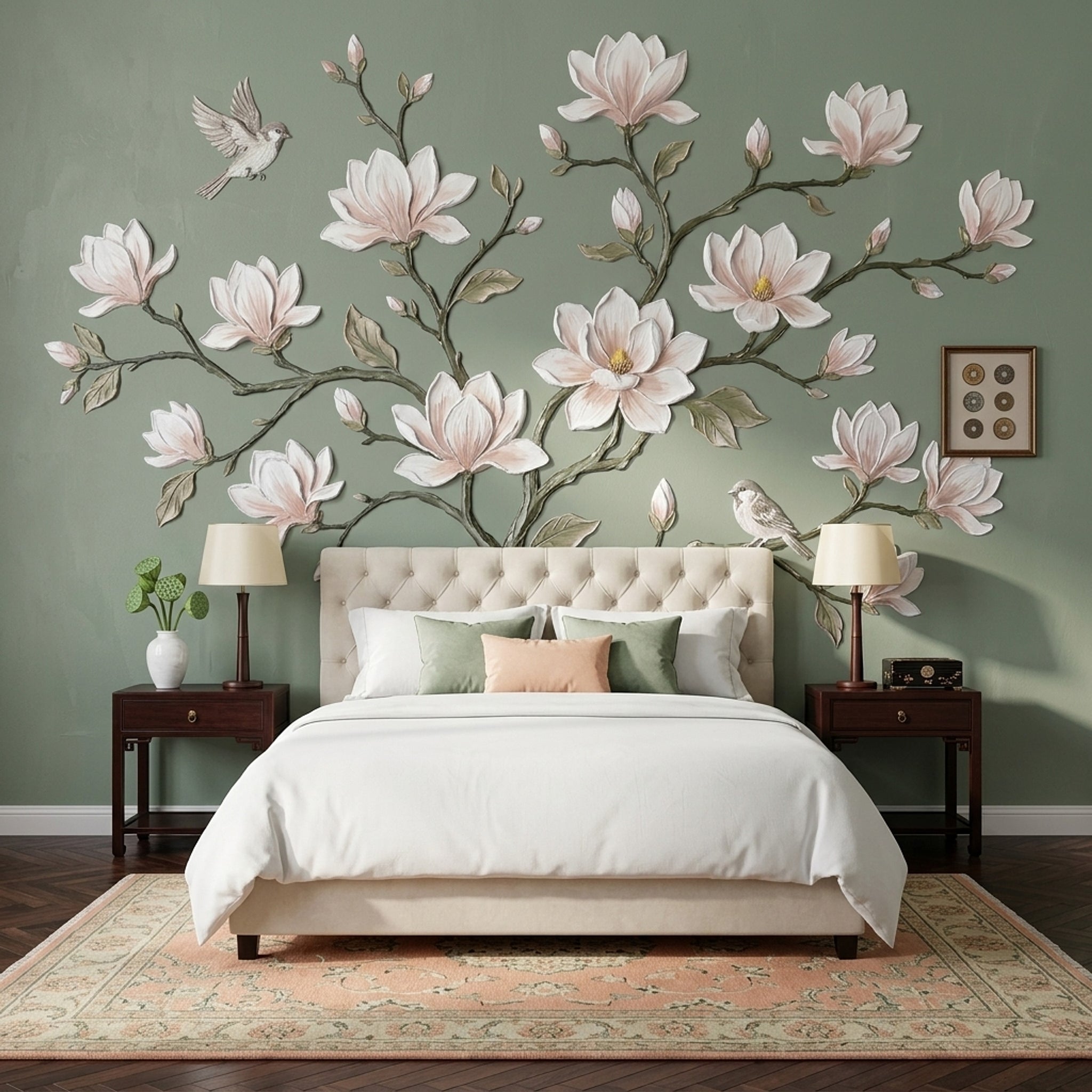 Magnolia Blossoms Wallpaper Botanical Branch Sage Green Background Removable Wall Decor