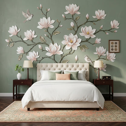 Magnolia Blossoms Wallpaper Botanical Branch Sage Green Background Removable Wall Decor