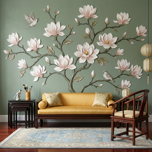 Magnolia Blossoms Wallpaper Botanical Branch Sage Green Background Removable Wall Decor