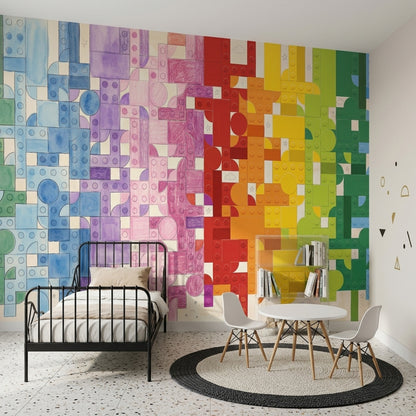 Interlocking Blocks Wallpaper Rainbow Gradient Toy Brick Studs Wall Mural