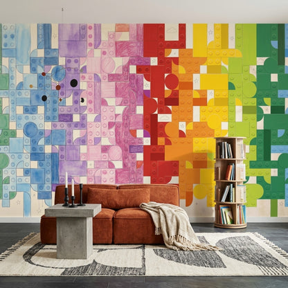 Interlocking Blocks Wallpaper Rainbow Gradient Toy Brick Studs Wall Mural