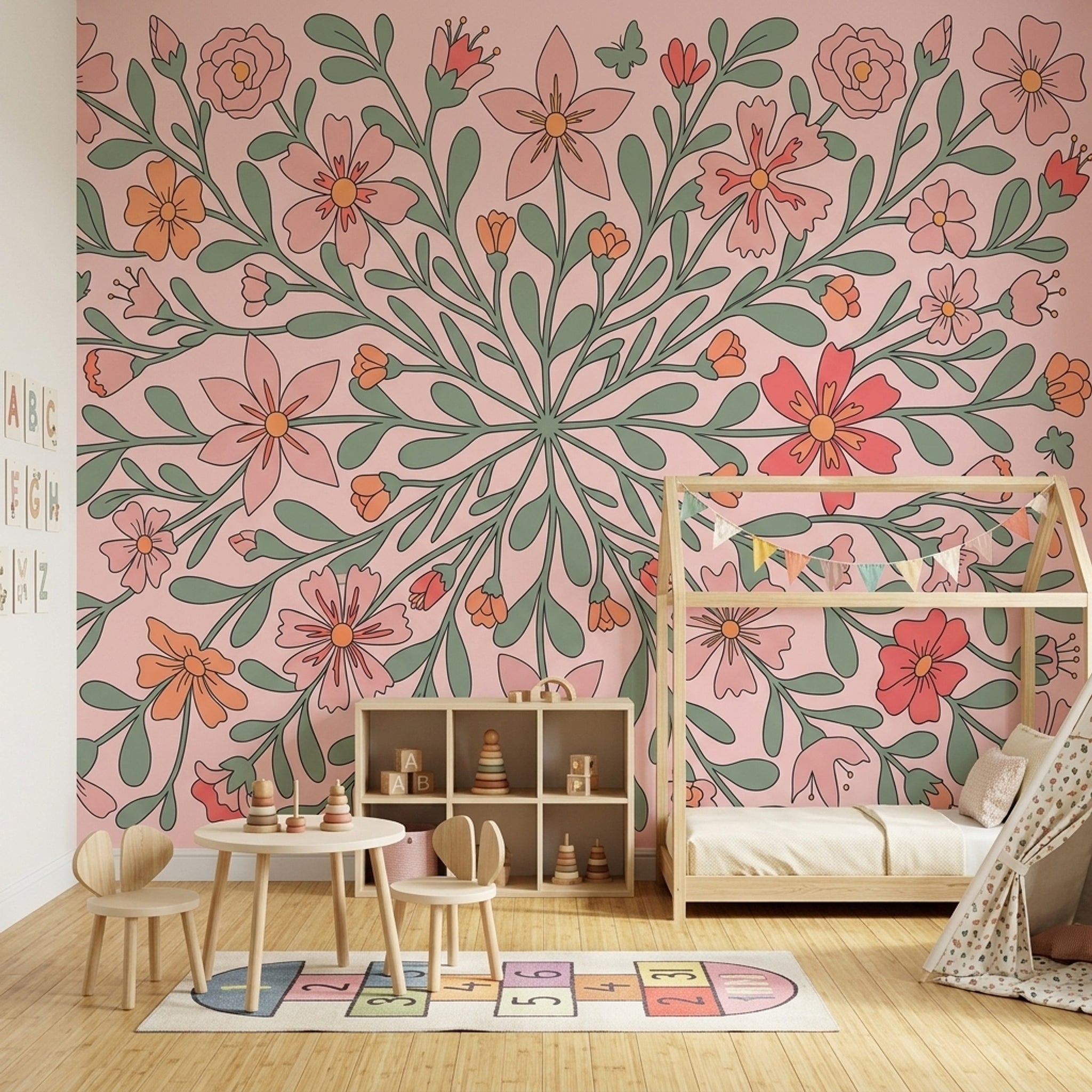 Pink Floral Wallpaper Botanical Branches Removable Modern Folk Art Wall Decor