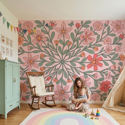 Pink Floral Wallpaper Botanical Branches Removable Modern Folk Art Wall Decor