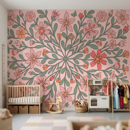 Pink Floral Wallpaper Botanical Branches Removable Modern Folk Art Wall Decor