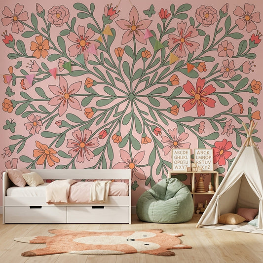 Pink Floral Wallpaper Botanical Branches Removable Modern Folk Art Wall Decor