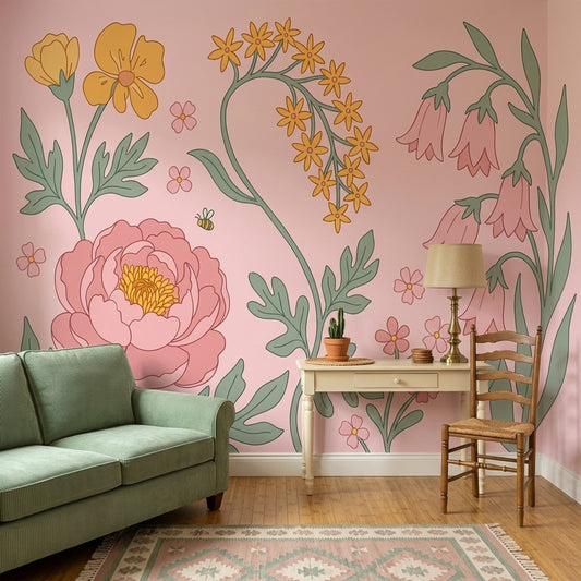 Botanical Illustration Wallpaper Pink Background Pastel Removable Wall Decor