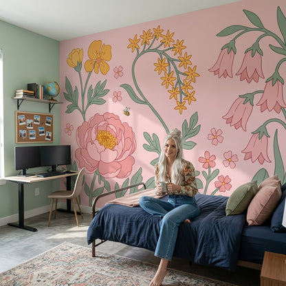 Botanical Illustration Wallpaper Pink Background Pastel Removable Wall Decor