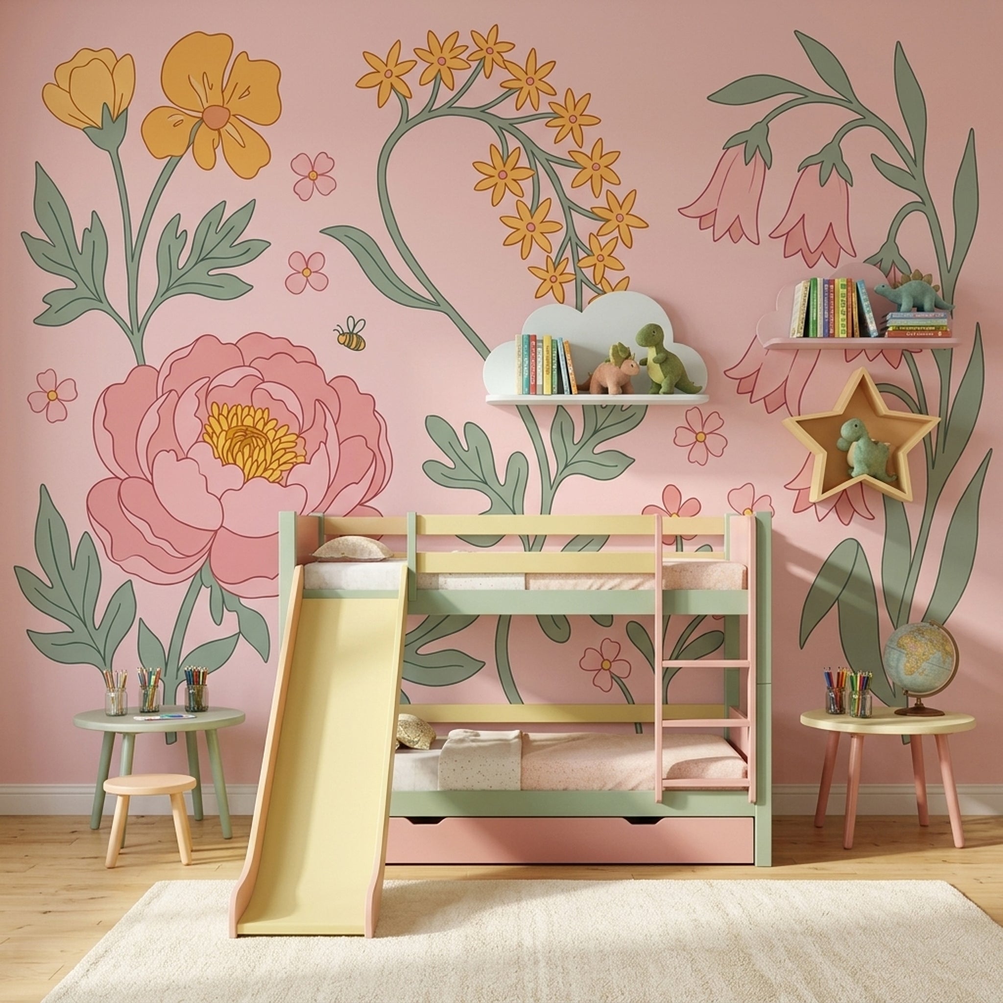 Botanical Illustration Wallpaper Pink Background Pastel Removable Wall Decor