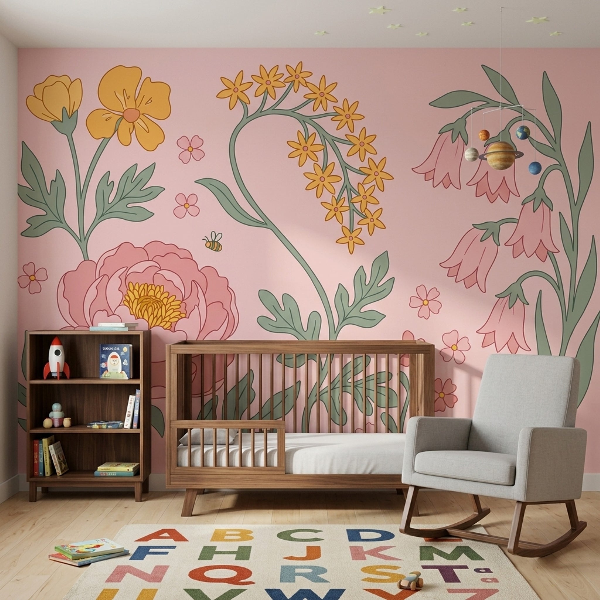 Botanical Illustration Wallpaper Pink Background Pastel Removable Wall Decor