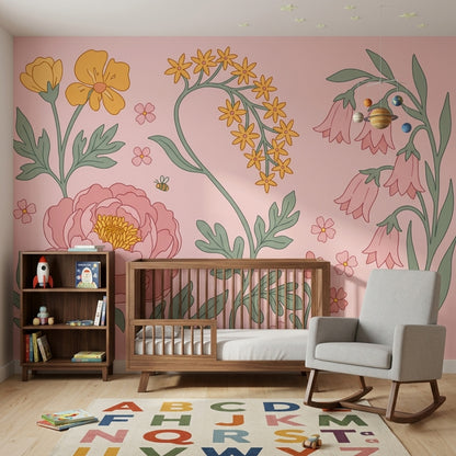 Botanical Illustration Wallpaper Pink Background Pastel Removable Wall Decor