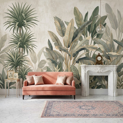 Tropical Foliage Wallpaper Botanical Mural Removable Banana Leaves Wall Decor