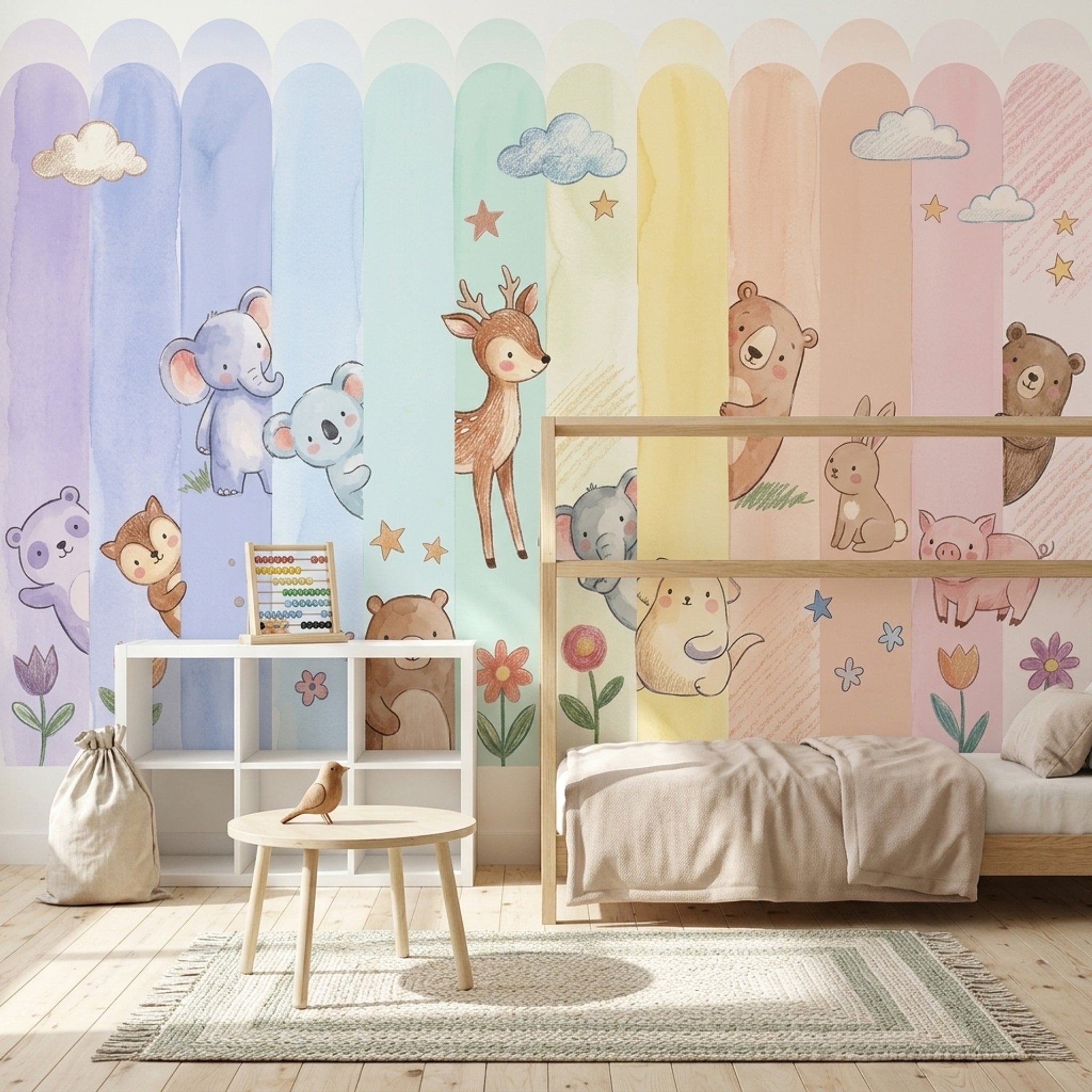 Nursery Wallpaper Pastel Cute Animals Removable Wall Decor
