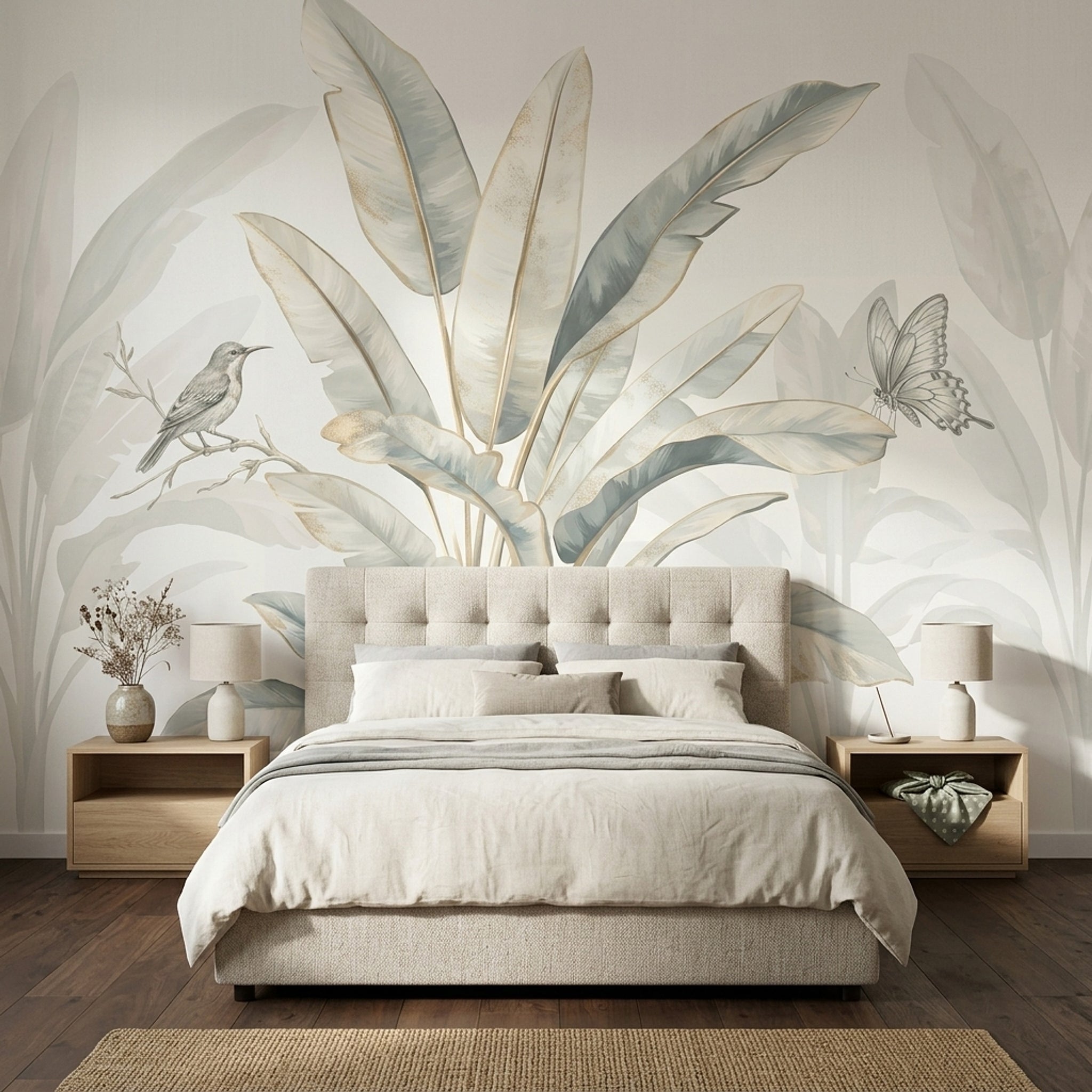 Tropical Leaves Wallpaper Watercolor Bird Removable Wall Decor