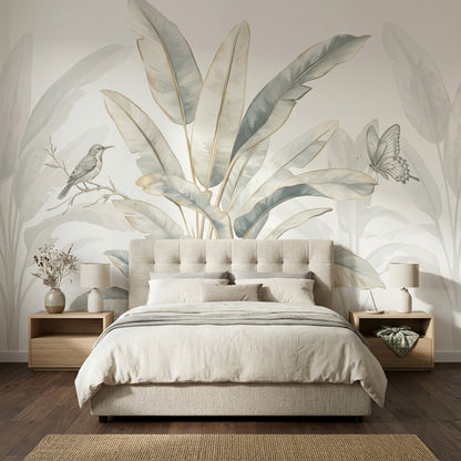 Tropical Leaves Wallpaper Watercolor Bird Removable Wall Decor