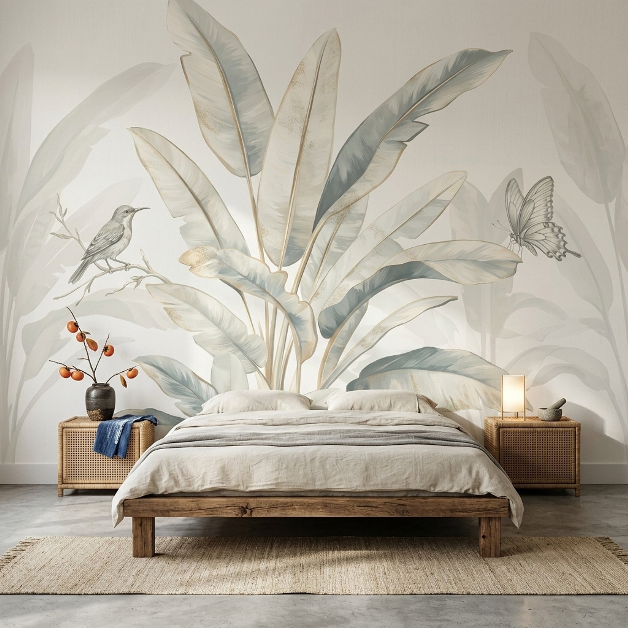 Tropical Leaves Wallpaper Watercolor Bird Removable Wall Decor