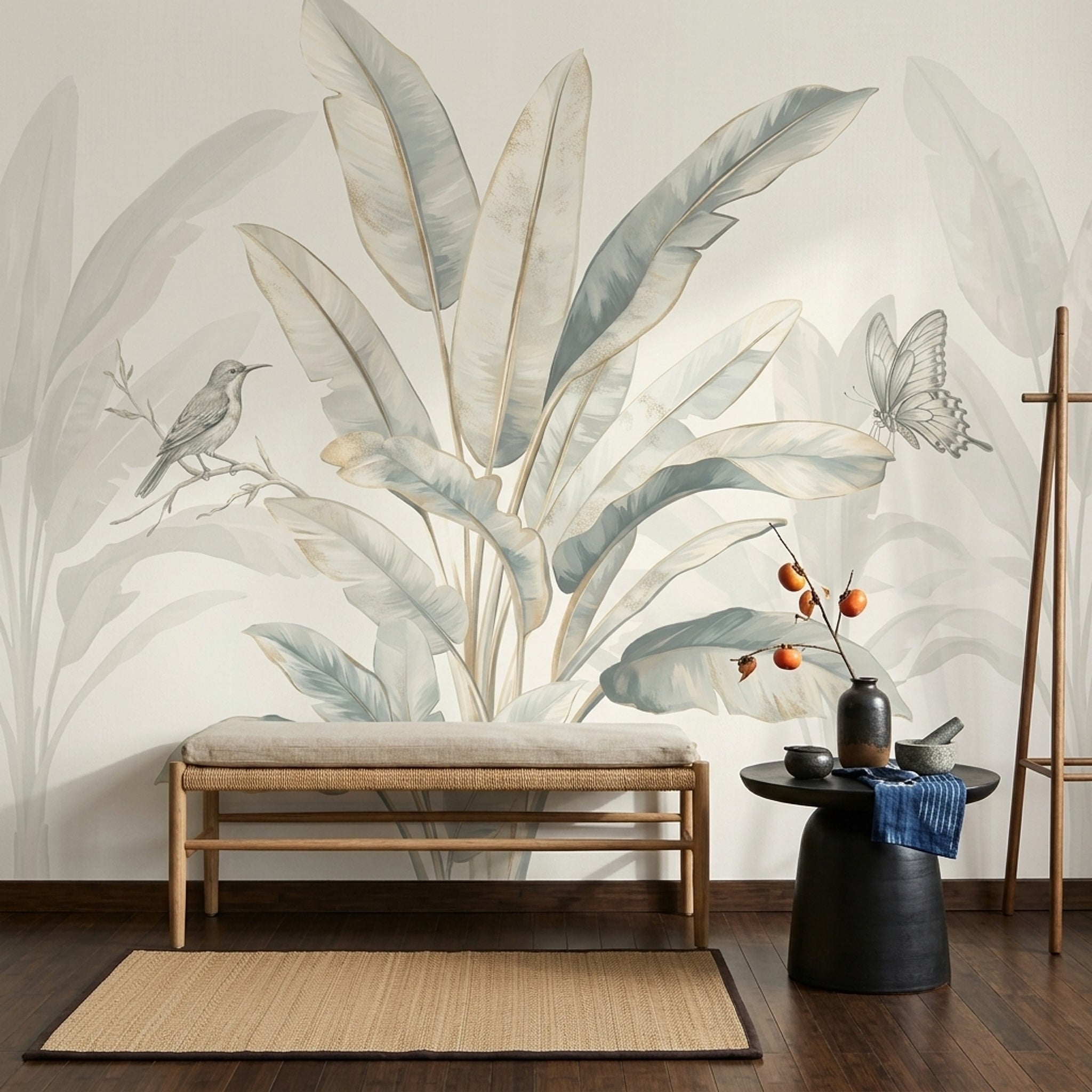 Tropical Leaves Wallpaper Watercolor Bird Removable Wall Decor