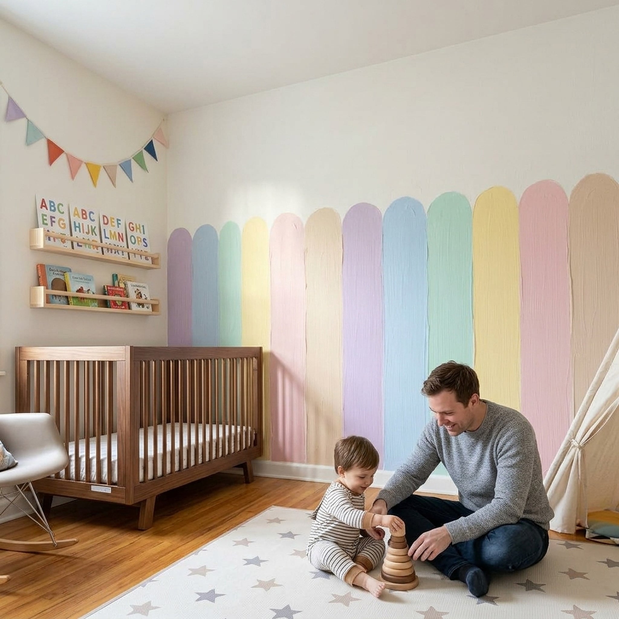Pastel Stripes Wallpaper Hand Painted Brushstrokes Rounded Vertical Bands Wall Mural