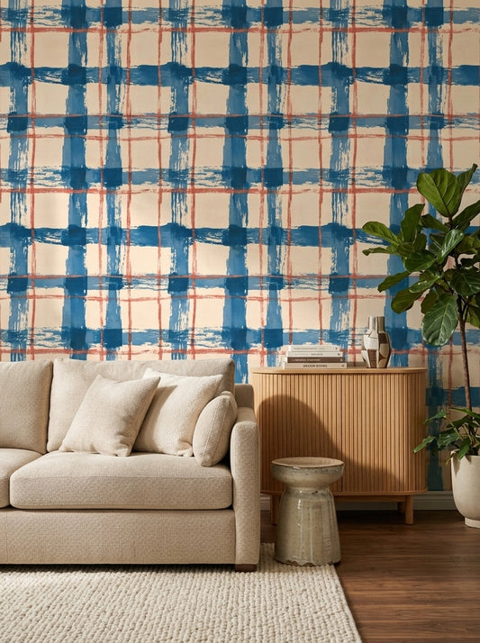 Abstract Plaid Wallpaper Painted Grid Blue Brushstrokes Removable Wall Decor