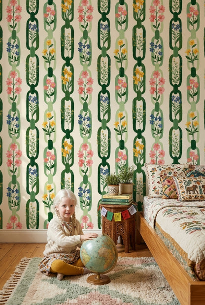 Botanical Wallpaper Floral Removable Green Chain Links Wall Decor
