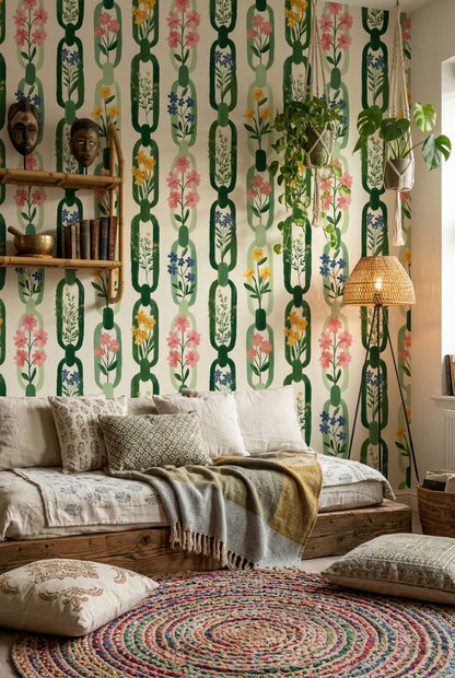 Botanical Wallpaper Floral Removable Green Chain Links Wall Decor