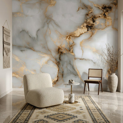 White Background Wallpaper Light Gray Gold Vein Wall Mural