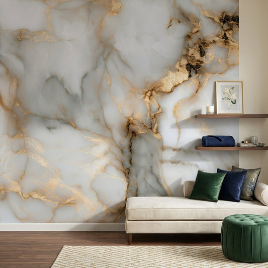White Background Wallpaper Light Gray Gold Vein Wall Mural