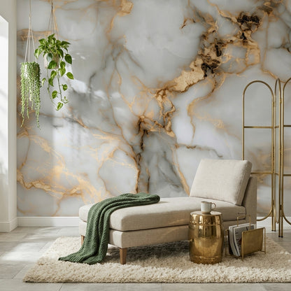 White Background Wallpaper Light Gray Gold Vein Wall Mural