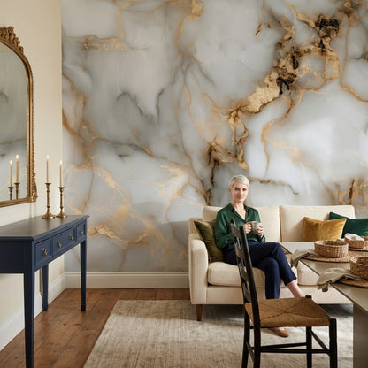 White Background Wallpaper Light Gray Gold Vein Wall Mural