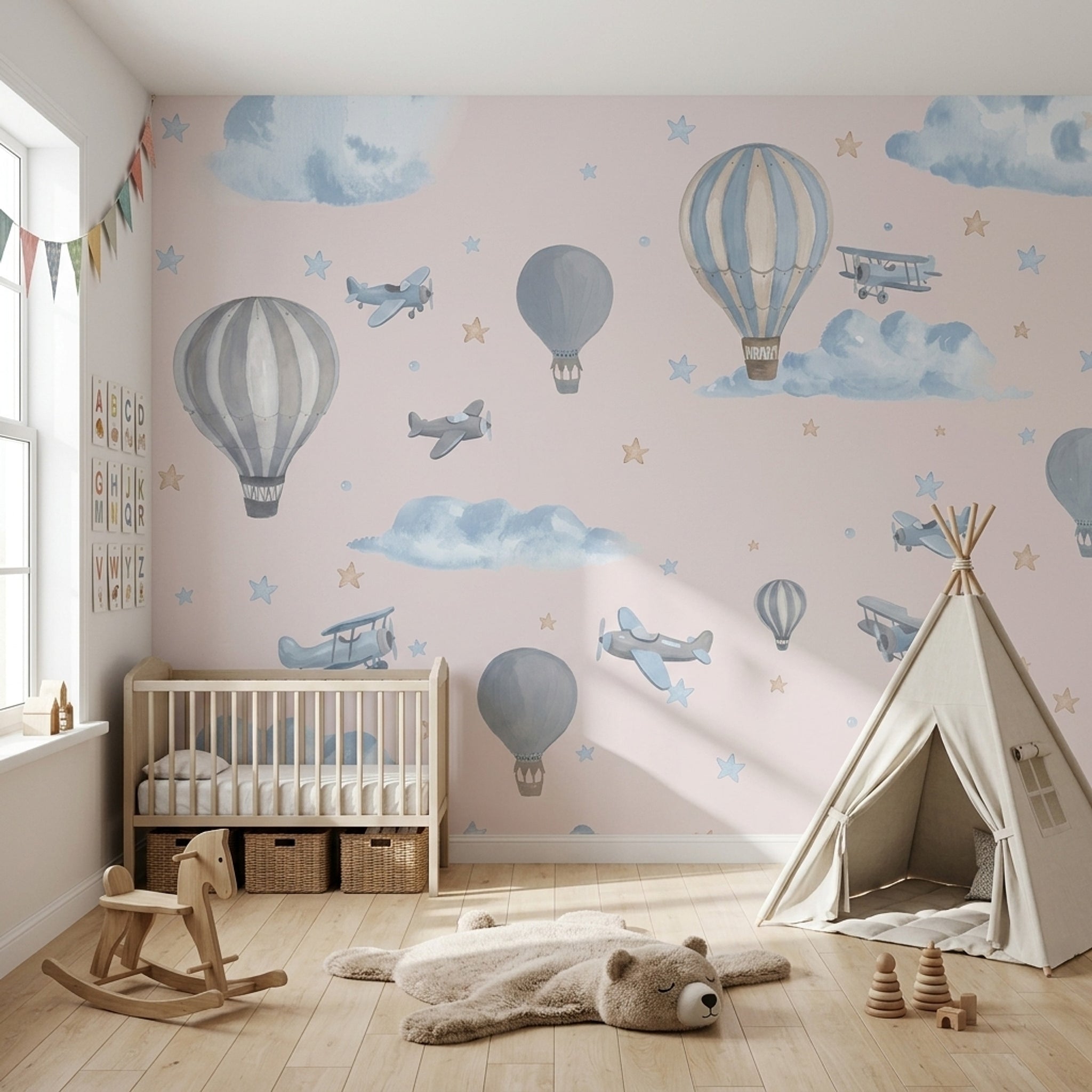 Hot Air Balloons Wallpaper Watercolor Vintage Airplanes Wall Mural