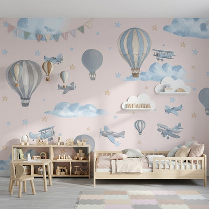 Hot Air Balloons Wallpaper Watercolor Vintage Airplanes Wall Mural