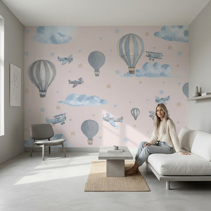 Hot Air Balloons Wallpaper Watercolor Vintage Airplanes Wall Mural