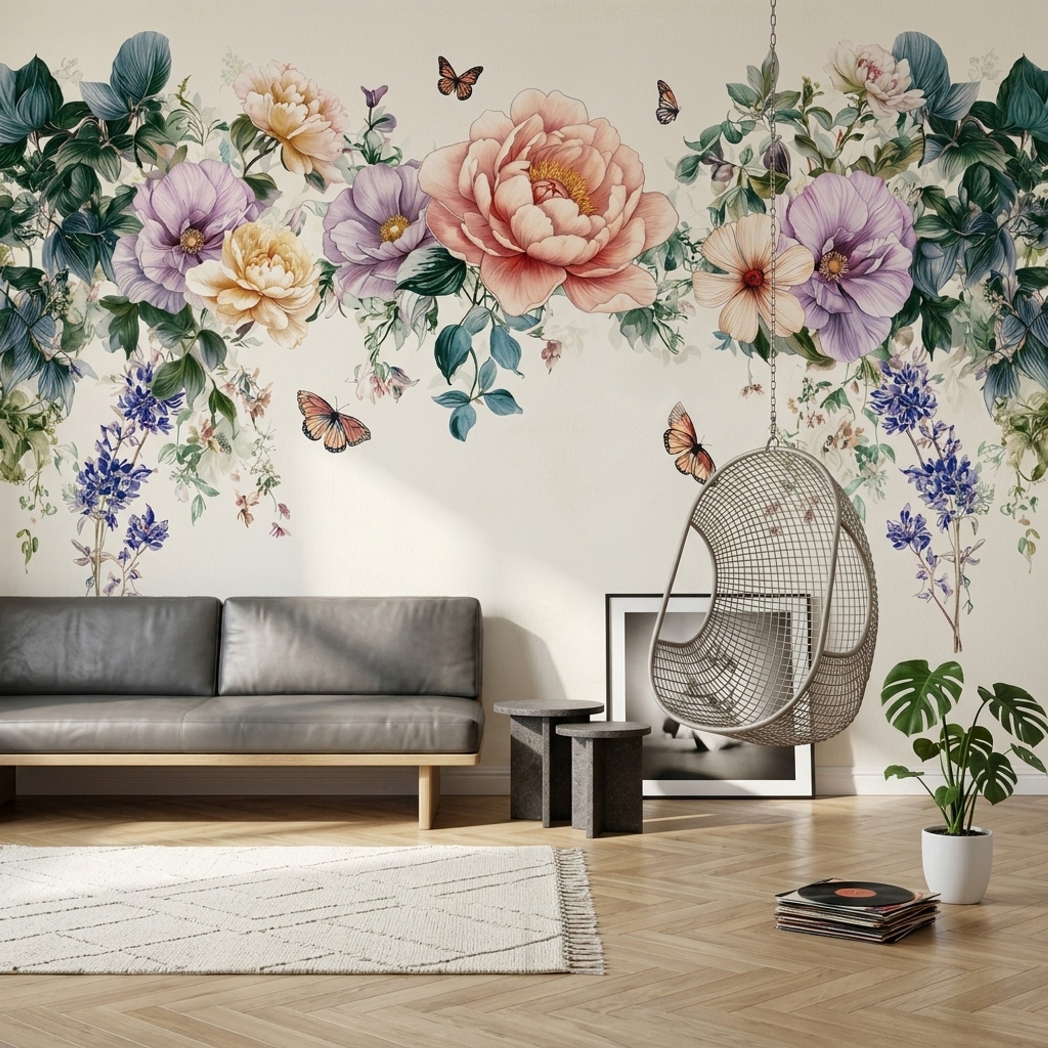 Floral Garland Wallpaper Botanical Illustration Pastel Flowers Wall Mural