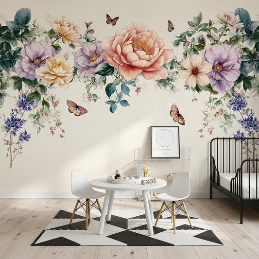 Floral Garland Wallpaper Botanical Illustration Pastel Flowers Wall Mural