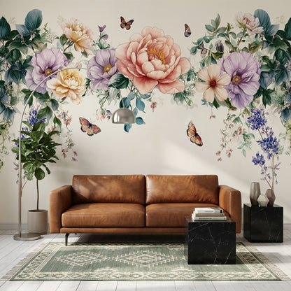 Floral Garland Wallpaper Botanical Illustration Pastel Flowers Wall Mural