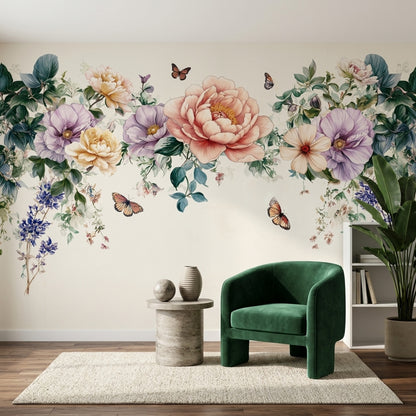 Floral Garland Wallpaper Botanical Illustration Pastel Flowers Wall Mural