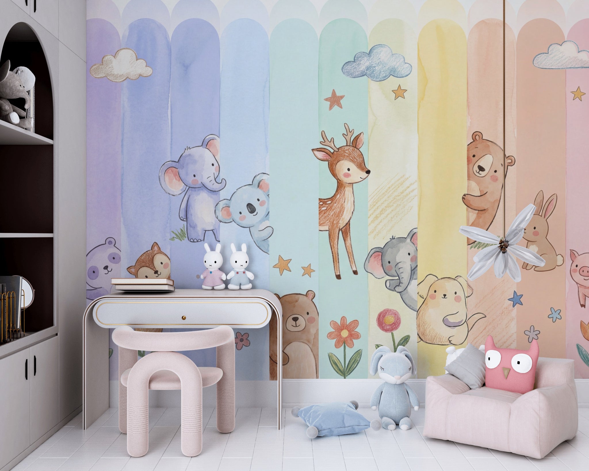 Nursery Wallpaper Pastel Cute Animals Removable Wall Decor