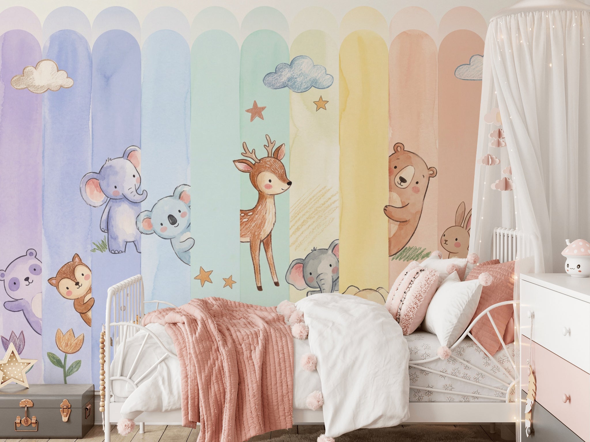 Nursery Wallpaper Pastel Cute Animals Removable Wall Decor