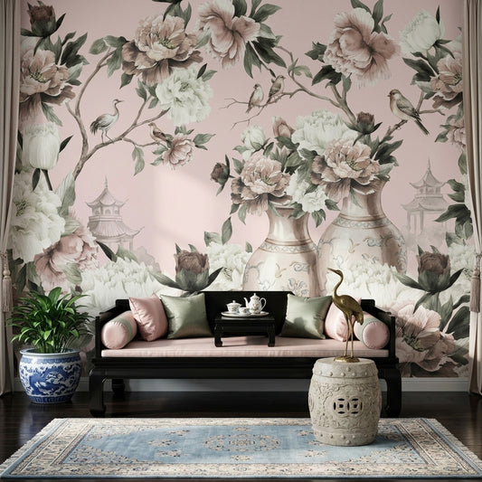 Chinoiserie Wallpaper Peonies Porcelain Vases Removable Wall Decor