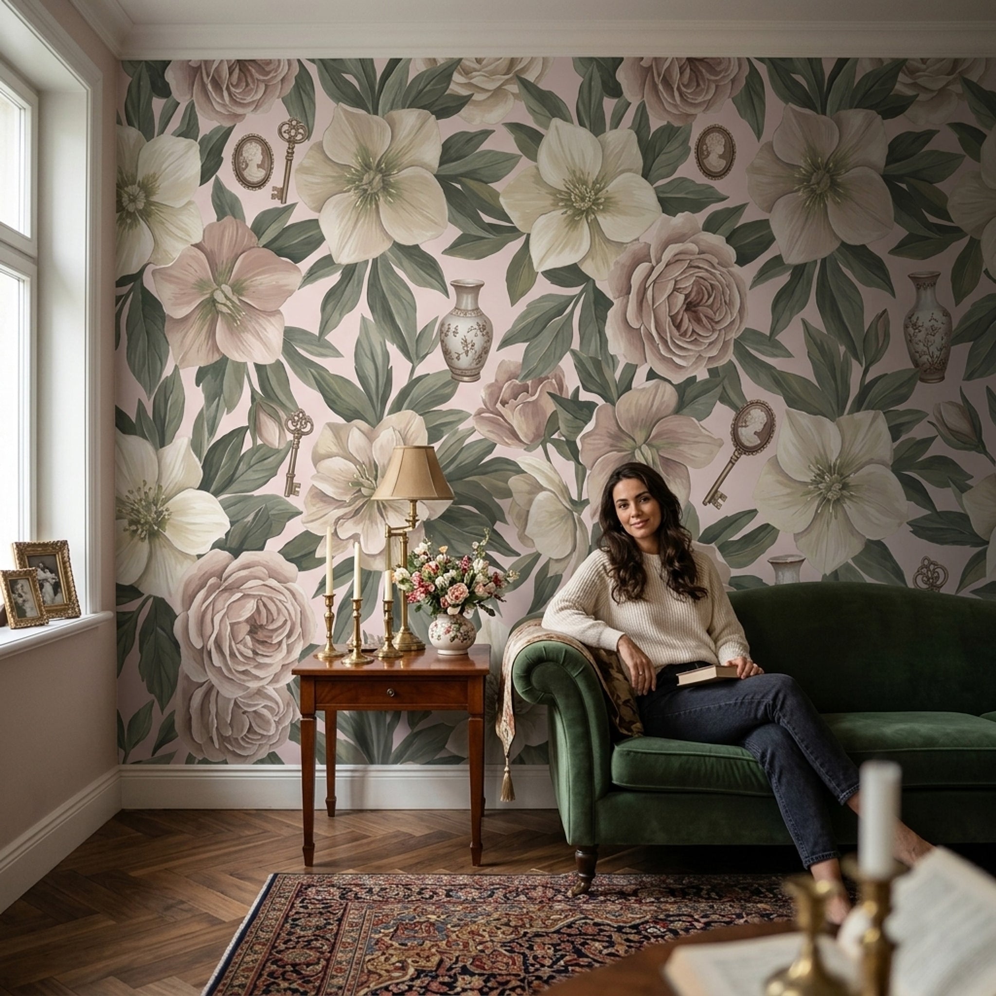 Floral Wallpaper Botanical Leaves Vintage Keys Wall Mural