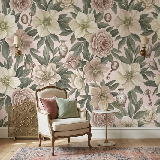 Floral Wallpaper Botanical Leaves Vintage Keys Wall Mural