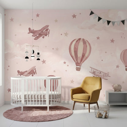 Hot Air Balloons Wallpaper Biplanes Removable Whimsical Sky Wall Decor