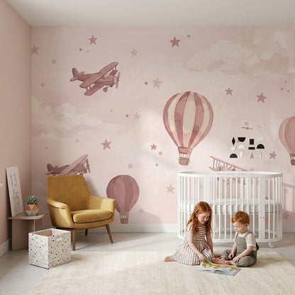 Hot Air Balloons Wallpaper Biplanes Removable Whimsical Sky Wall Decor