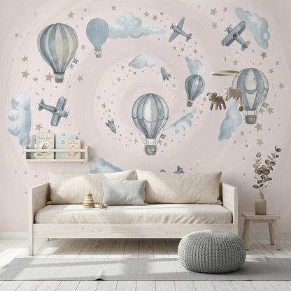 Hot Air Balloons Wallpaper Airplanes Clouds Removable Wall Decor